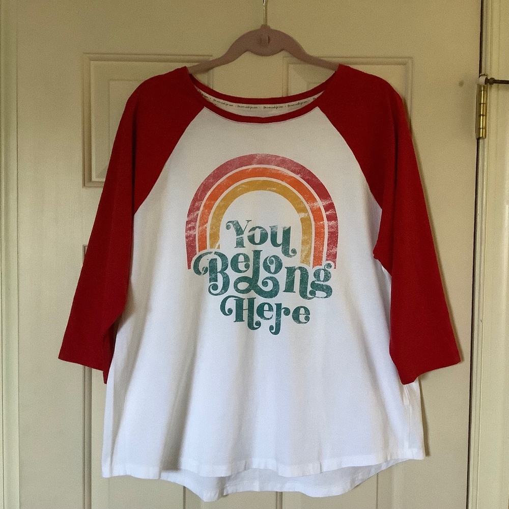 Rachel Hollis Ltd. Pima Cotton Raglan Sleeve T-Shirt-White/Red Rainbow SZ XL